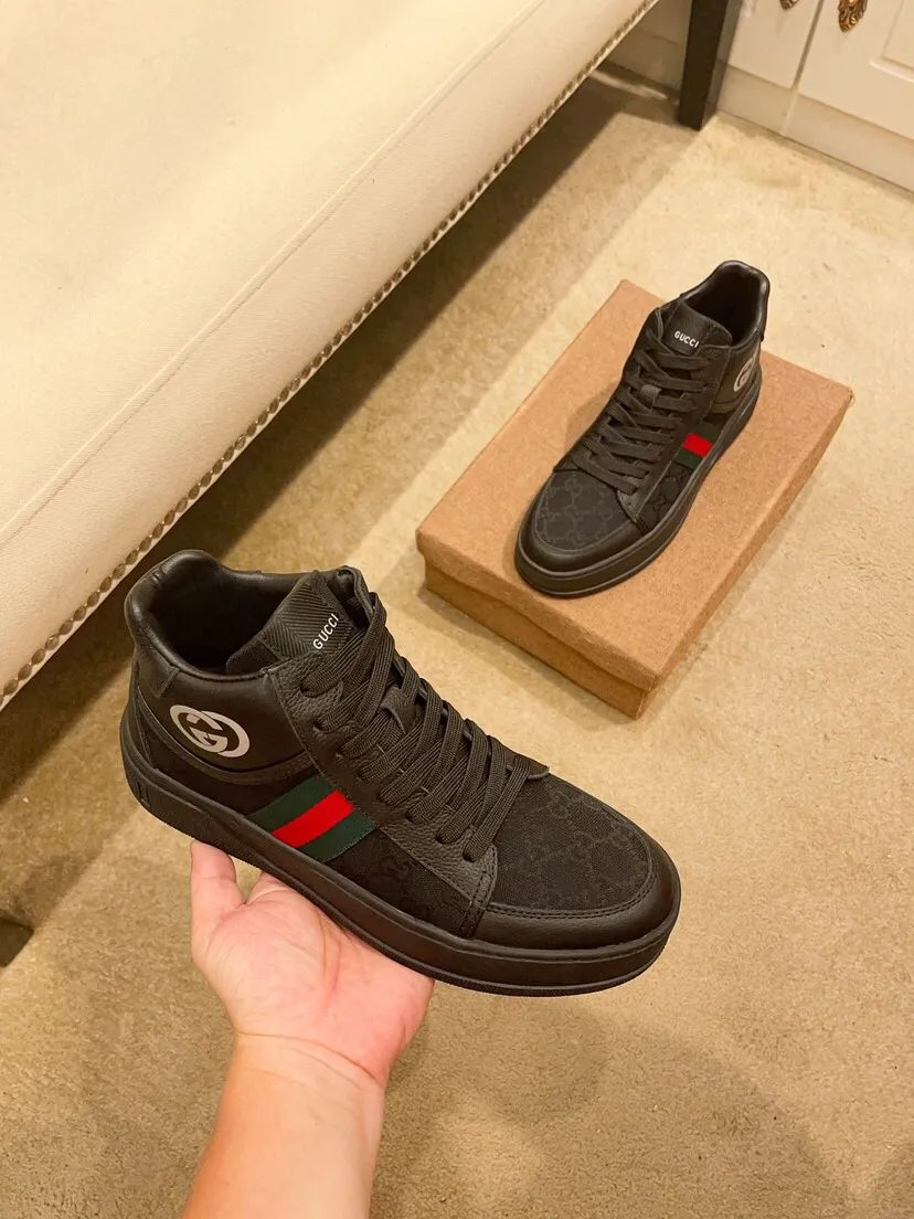 Factory price 440 [Gucci] Gucci's latest high-top casual Korean-style men's shoes, brand new autumn and winter design, perfect workmanship, cabinet quality, upper: cowhide material, leather lining; soft and comfortable, rubber outsole ultra-light, wear-resistant, simple, versatile fashion men's shoes, color optional, size 38--44